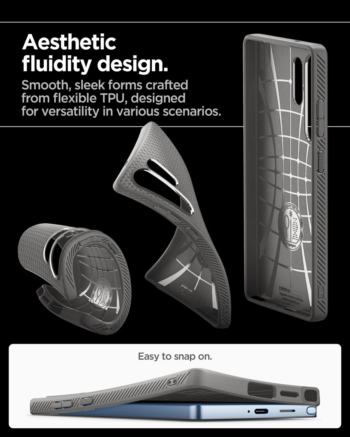 ACS08954 - Galaxy S25 Ultra Case Liquid Air in Marble Gray showing the aesthetic fluidity design. Smooth, sleek forms crafted from flexible TPU, designed for versatility in various scenarios. East to snap on
