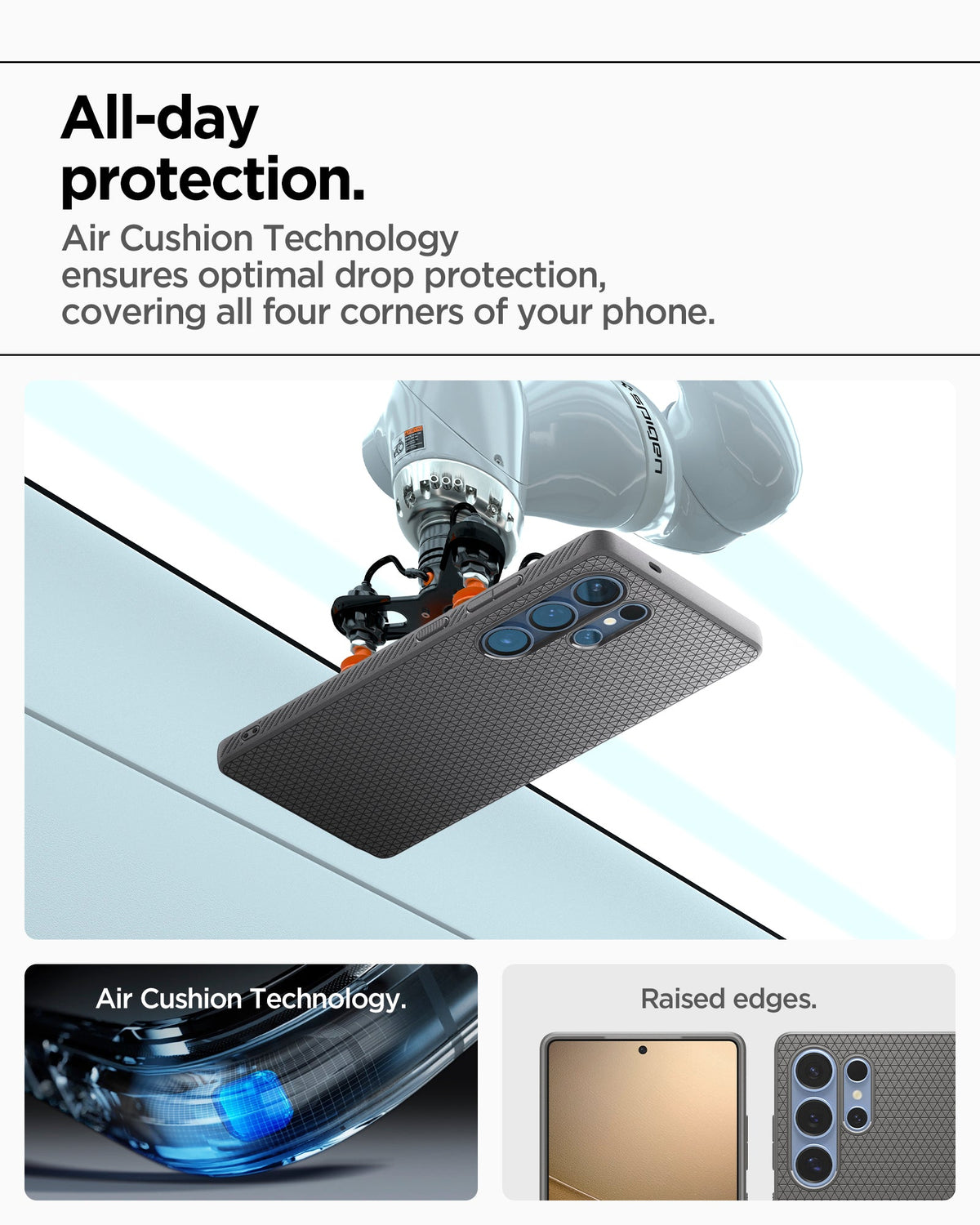 ACS08954 - Galaxy S25 Ultra Case Liquid Air in Marble Gray showing the all-day protection. Air Cushion Technology ensures optimal drop protection, covering all four corners of your phone. Air Cushion Technology. Raised edges