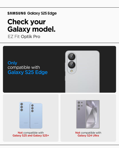 AGL09412 - Galaxy S25 Edge Optik EZ Fit Lens Pro Protector in Black showing the compatibility only with Galaxy S25 Edge. Not compatible with Galaxy S25 | Galaxy S25+ and Galaxy S24 Ultra