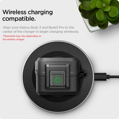 ACS08332 - Galaxy Buds 3 Pro Lock Fit in Matte Black wireless charging compatible. align your galaxy buds 3 and buds 3 pro to the center of the charger to begin charging wirelessly. Placement may vary depending on the wireless charger.