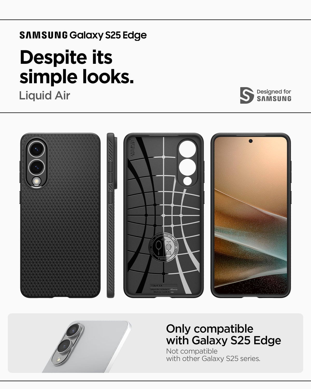 ACS09420 - Galaxy S25 Edge Case Liquid Air in Matte Black showing the compatibility only with Galaxy S25 Edge. Not compatible with other Galaxy S25 series