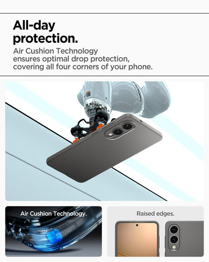 ACS09421 - Galaxy S25 Edge Case Liquid Air in Marble Gray showing the all-day protection. Air cushion technology ensures optimal drop protection, covering all four corners of your phone with raised edges