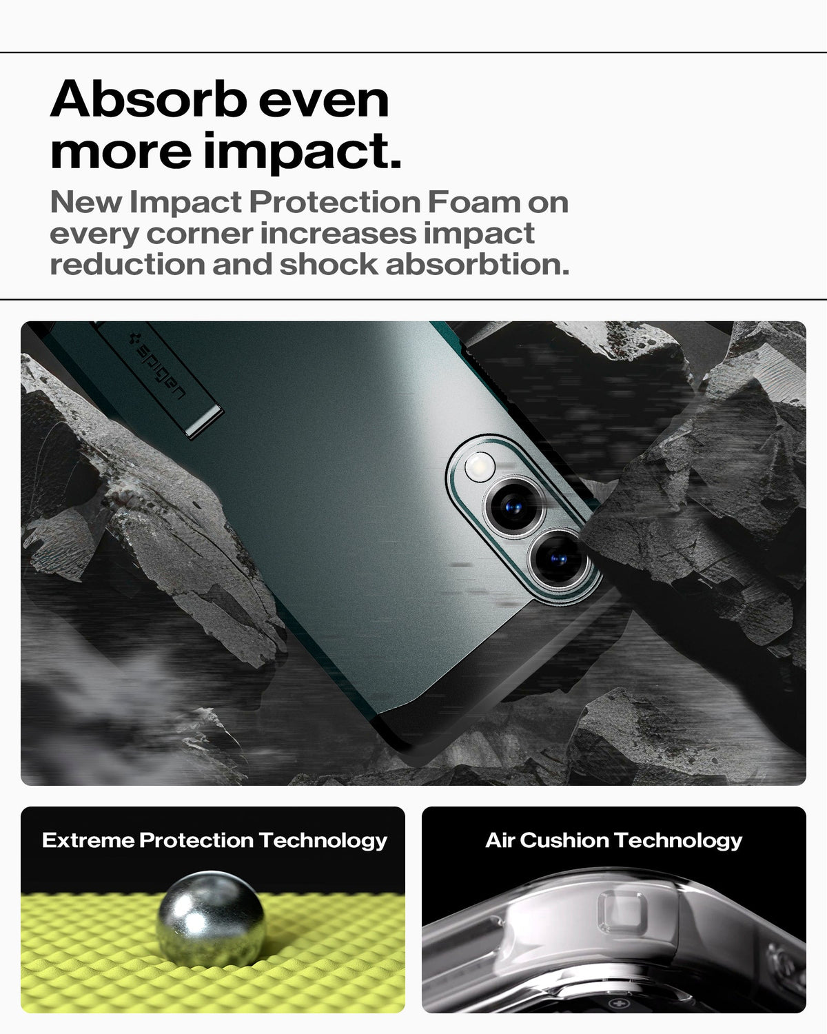 ACS09424 - Galaxy S25 Edge Case Tough Armor AI (MagFit) in Abyss Green showing how it absorb even more impact. New Impact Protection Foam on every corner increases impact reduction and shock absorption. Extreme Protection Technology and Air Cushion Technology