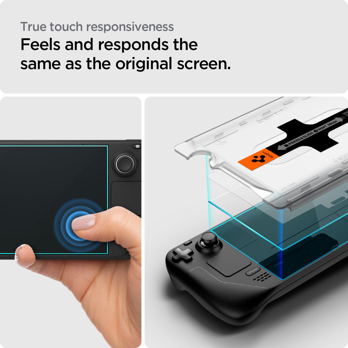 AGL05600 - Steam Deck Screen Protector EZ FIT GLAS.tR showing the true touch responsiveness. Feel and responds the same as the original screen
