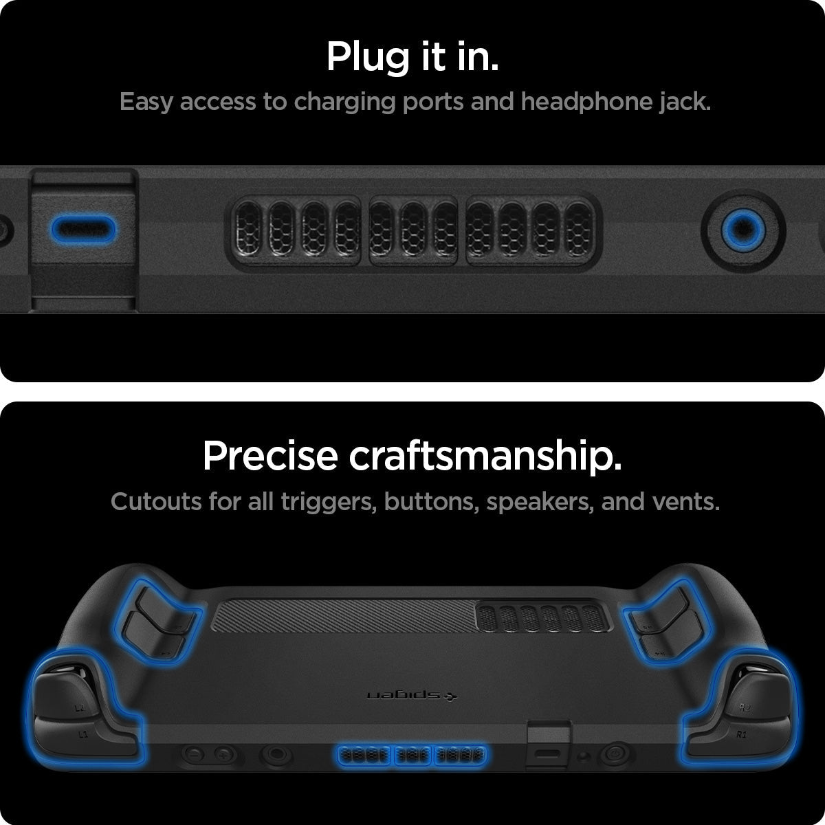 ACS03730 - Steam Deck Case Rugged Armor in matte black showing the easy access to charging ports and headphone jack with precise craftsmanship, cutouts for all triggers, buttons, speakers and vents