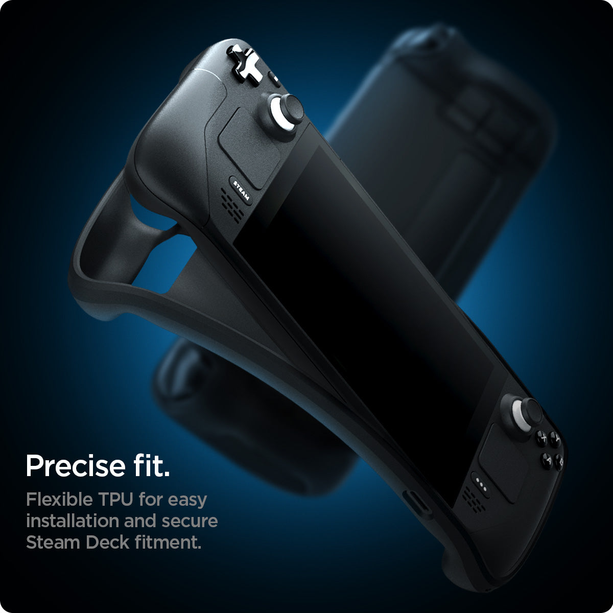 ACS03730 - Steam Deck Case Rugged Armor in matte black showing the precise fit. Flexible TPU for easy installation and secure Steam Deck fitment
