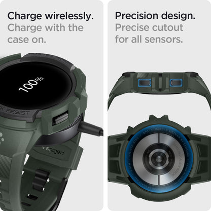 ACS04325 - Galaxy Watch 5/4 (44mm) Case Rugged Armor Pro in military green charge wirelessly. Charge on with the case on. Precision design. Precise cutout for all sensors.