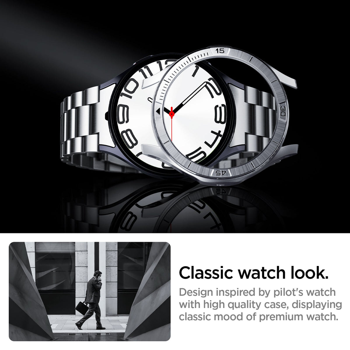 ACS08343 - New Galaxy Watch Bezel Tune Pro in Silver classic watch look. Design inspired by pilot's watch with high quality case, displaying classic mood of premium watch.