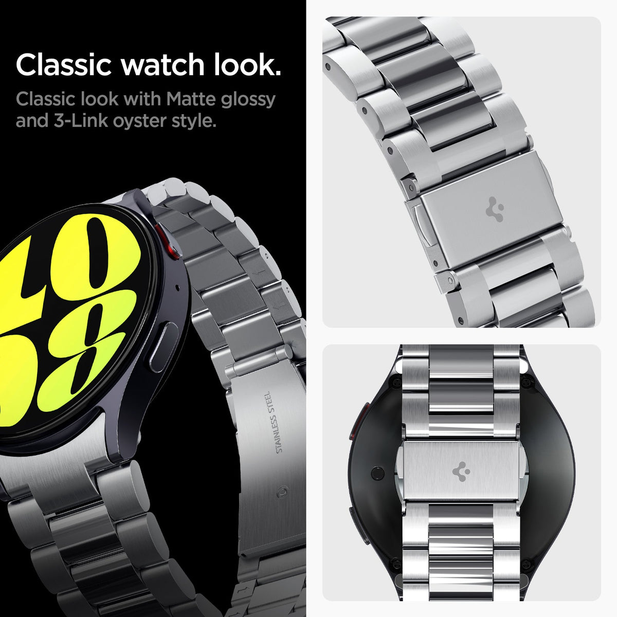 AMP08341 - Galaxy Watch 7 (44mm) Modern Fit 316L Band in Silver classic look with matte glossy and 3 link oyster style.