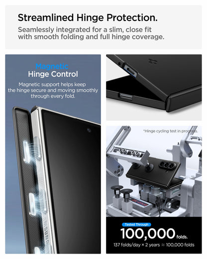 ACS11559 - Galaxy Z Fold 8 Air Fit Pro (Mag Fit) Black showing the "Protection where It matters most" graphic, highlighting lens and screen protection edges, alongside images of the case's shock-dispersing design and a phone falling near broken glass
