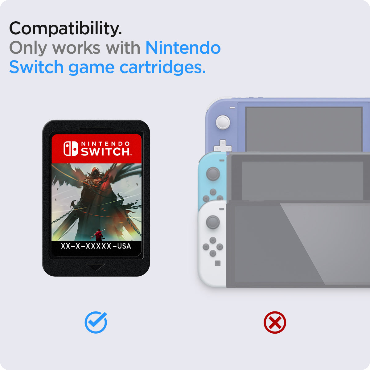AFA040211 - Nintendo Switch OLED Rugged Armor Pro Pouch in matte black showing the compatibility. Only works with Nintendo Switch game cartridges