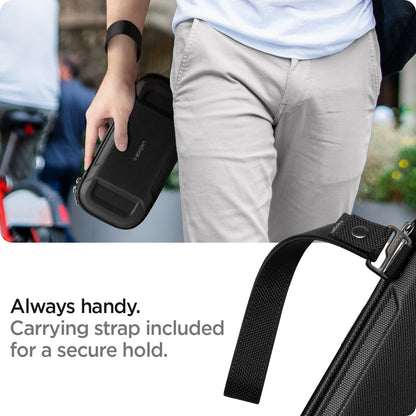 AFA040211 - Nintendo Switch OLED Rugged Armor Pro Pouch in matte black showing the handy carrying strap included for a secure hold