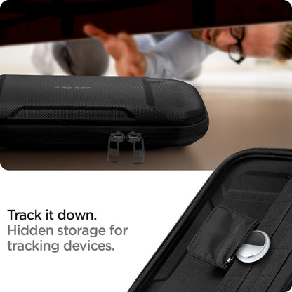 AFA040211 - Nintendo Switch OLED Rugged Armor Pro Pouch in matte black showing the hidden storage for tracking devices
