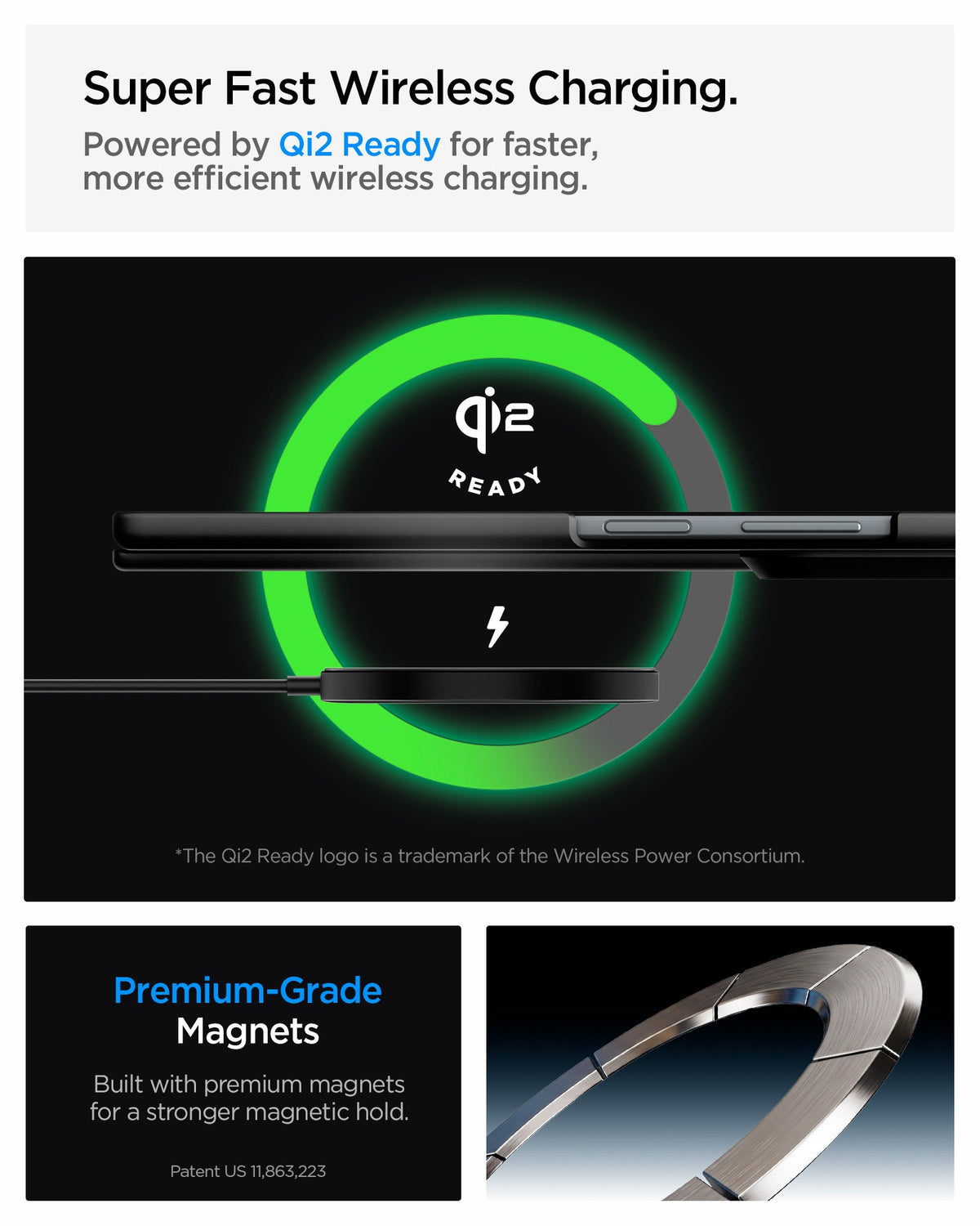 ACS11492 - Galaxy Z Fold 8 Ultra Air Fit Pro (Mag Fit) Black showing it is Qi2 Ready for super fast wireless charging