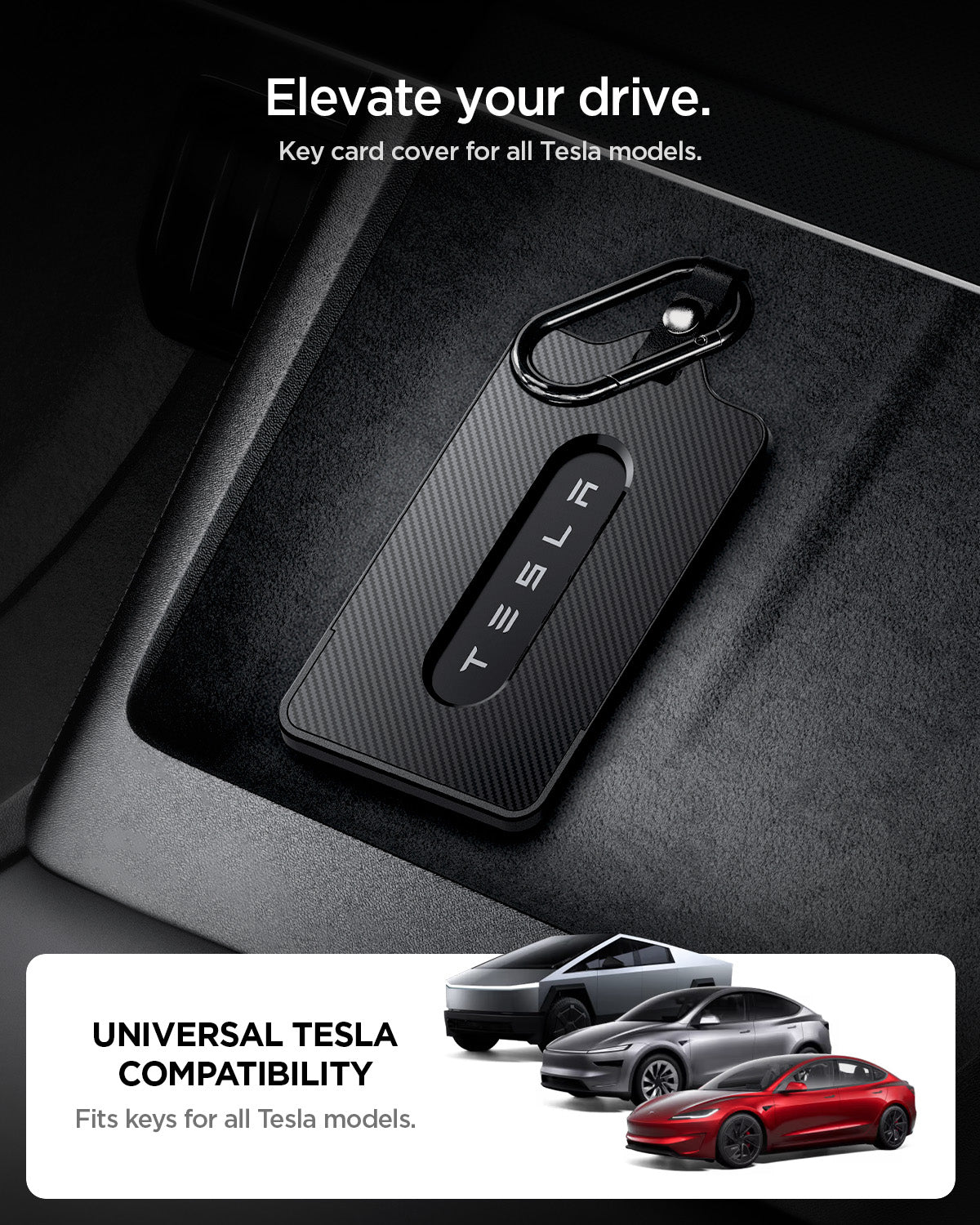 ACP07175 - Tesla key card cover with carbon fiber style finish and carabiner clip shown inside vehicle interior highlighting universal compatibility for all Tesla models