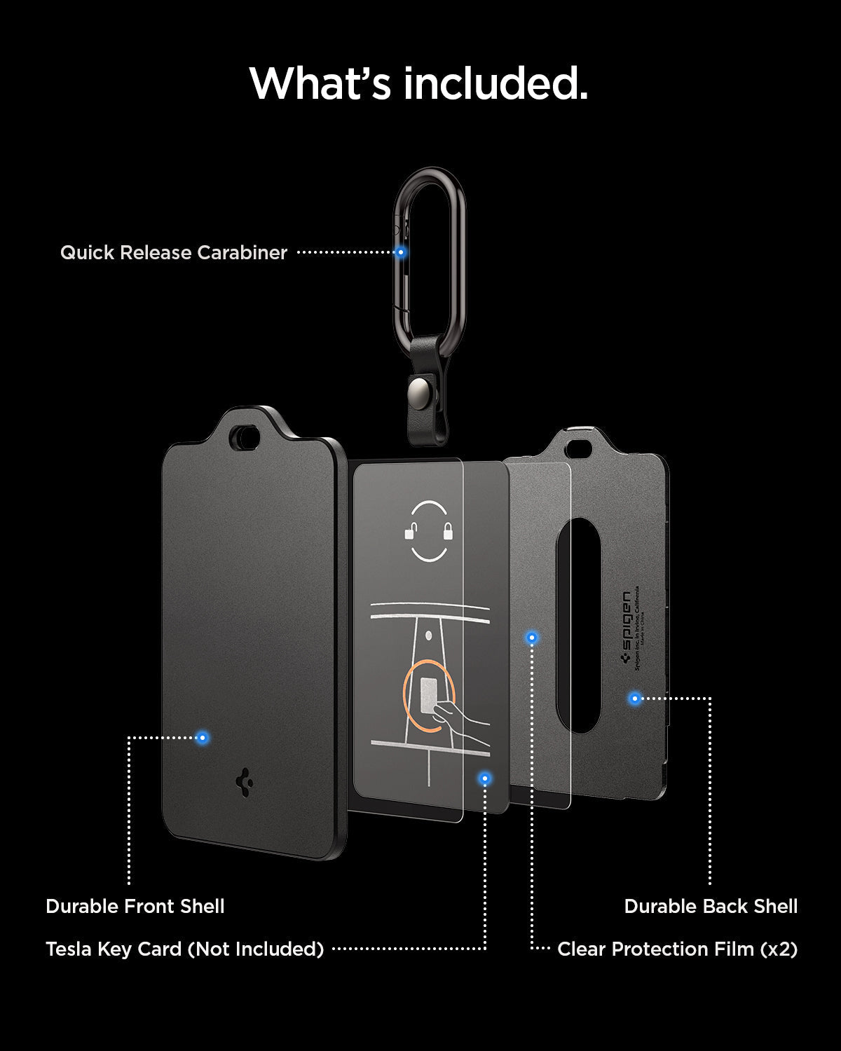 ACP11310 - Tesla Key Card Holder | TO243 in 1 Pack exploded view showing included quick release carabiner durable front shell durable back shell and clear protection films with Tesla key card not included