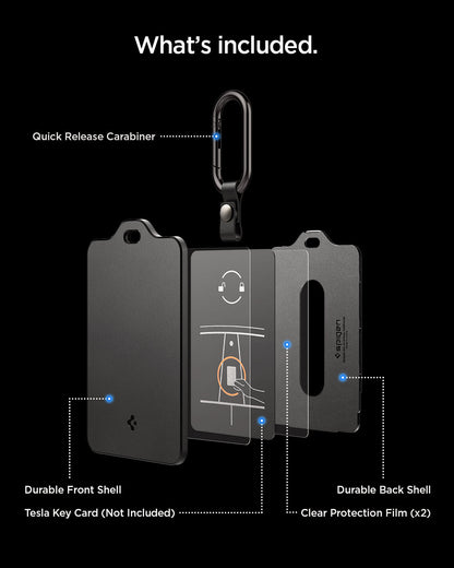 ACP11310 - Tesla Key Card Holder | TO243 in 1 Pack exploded view showing included quick release carabiner durable front shell durable back shell and clear protection films with Tesla key card not included