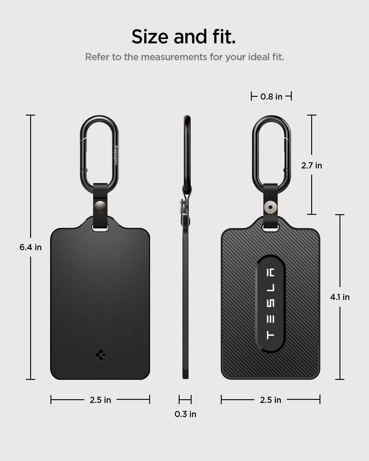 ACP11310 - Tesla Key Card Holder | TO243 in 1 Pack size and fit diagram showing front side and profile with labeled dimensions for height width thickness and carabiner size