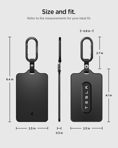 ACP11310 - Tesla Key Card Holder | TO243 in 1 Pack size and fit diagram showing front side and profile with labeled dimensions for height width thickness and carabiner size