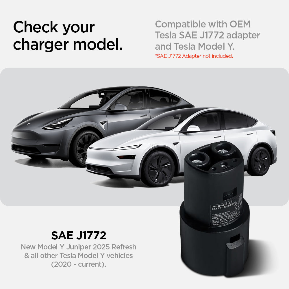 ACP08849 - Tesla Charging Adapter Door Dock TO252 in Black showing the check your charger model, compatible with OEM Tesla SAE J1772 adapter and tesla model Y. SAE J1772 adapter not included. SAE J1772 New model Y juniper 2025 refresh & all other tesla model Y vehicles.