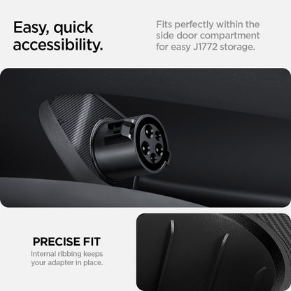 ACP09180 - Tesla Charging Adapter Door Dock TO255 in Black showing the easy, quick accessibility. Fits perfectly within the side door compartment for easy J1772 storage. Precise Fit, internal ribbing keeps your adapter in place