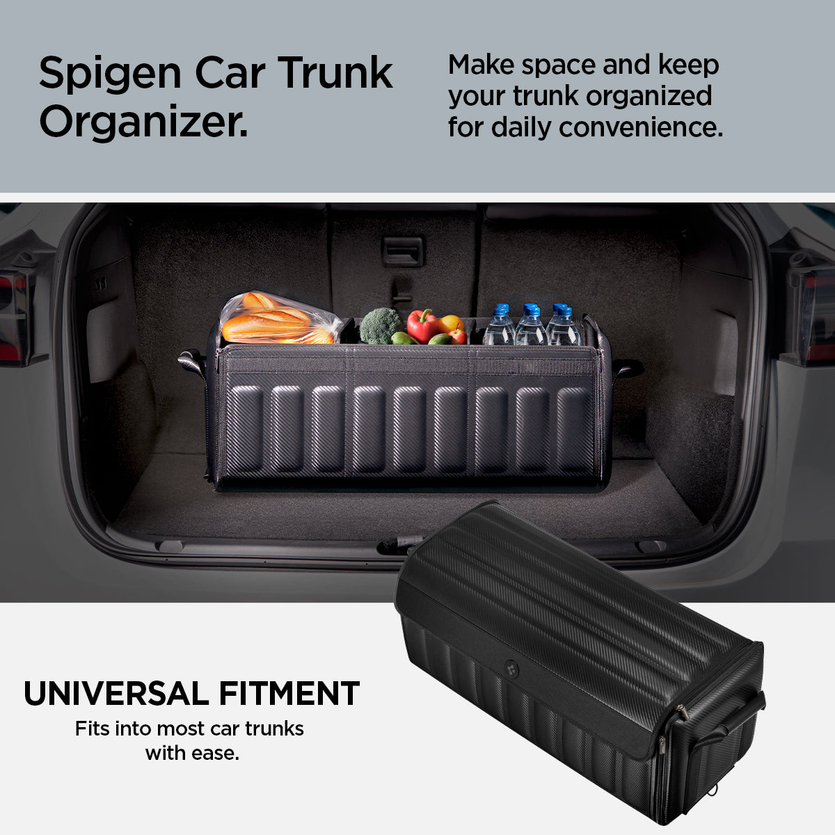 ACP08855 - Trunk Organizer TSO100 in Black showing the spigen car trunk organizer, make space and keep your trunk organized for daily convenience, universal fitment, fits into most car trunks with ease