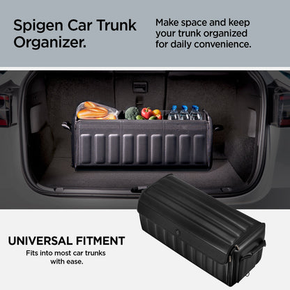 ACP08855 - Trunk Organizer TSO100 in Black showing the spigen car trunk organizer, make space and keep your trunk organized for daily convenience, universal fitment, fits into most car trunks with ease