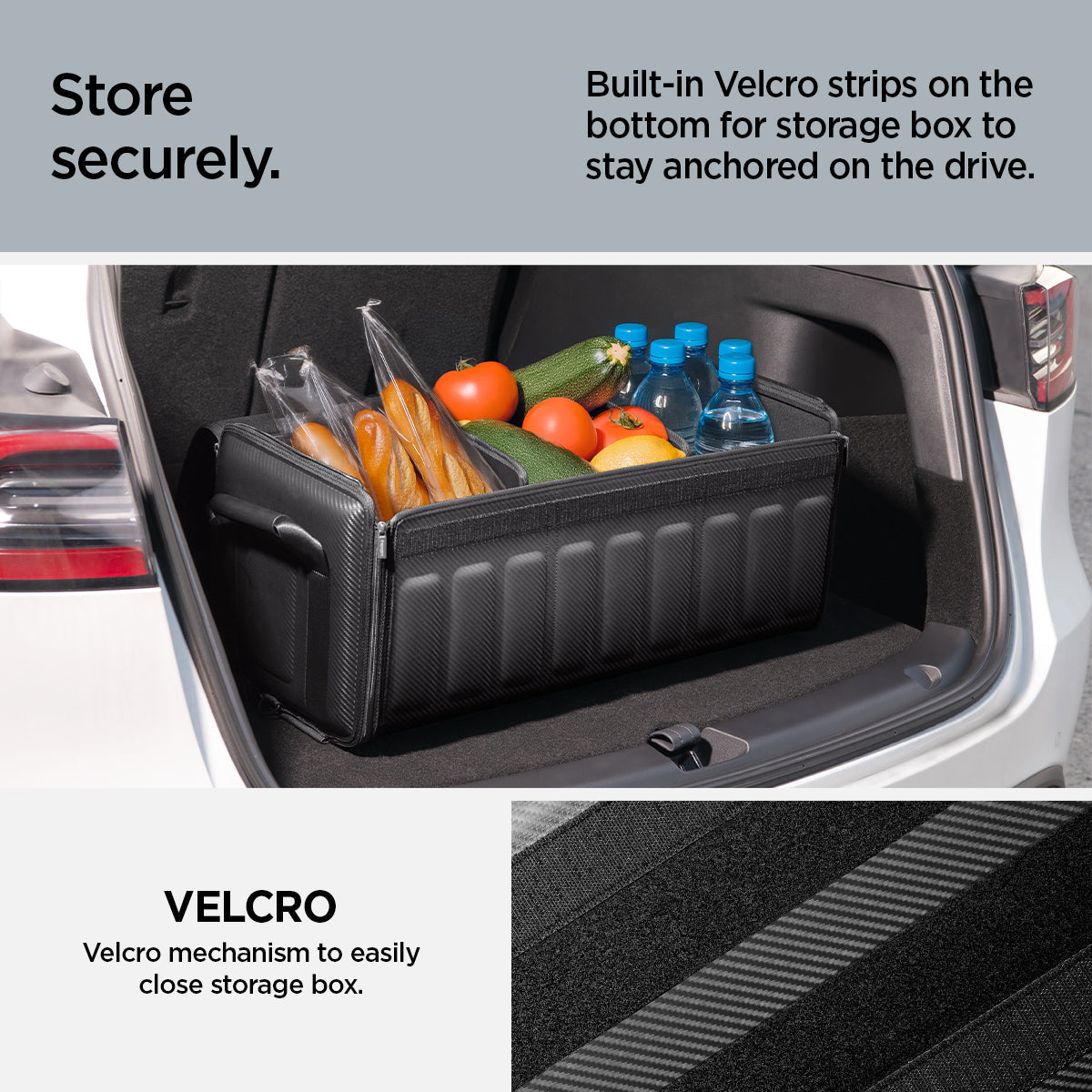 ACP08855 - Trunk Organizer TSO100 in Black showing the store securely, built-in Velcro strips on the bottom for storage box to stay anchored on the drive, with velcro mechanism to easily close storage box