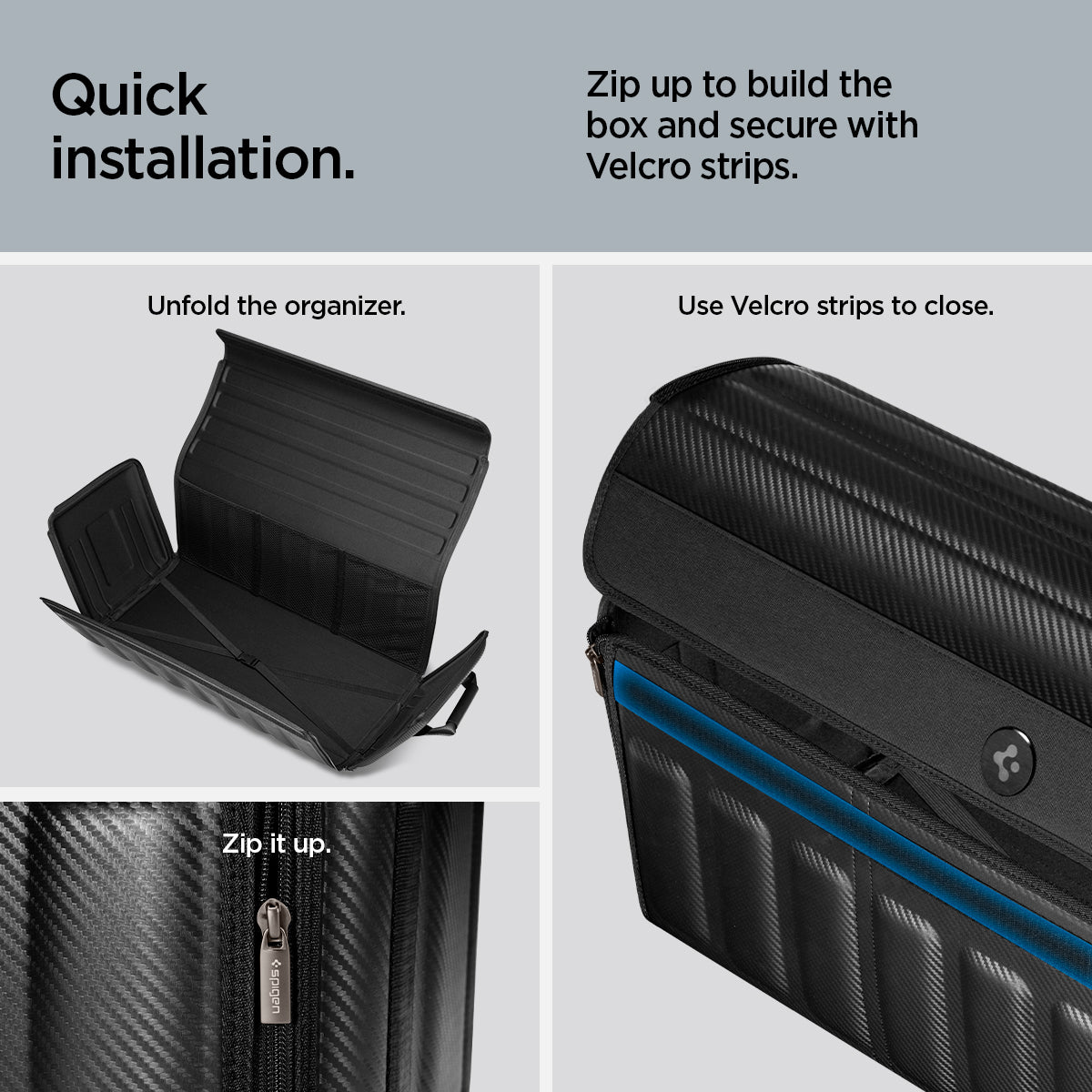 ACP08855 - Trunk Organizer TSO100 in Black showing the quick installation, zip up to build the box and secure with Velcro strips, unfold the organizer, zip it up use velcro strips to close