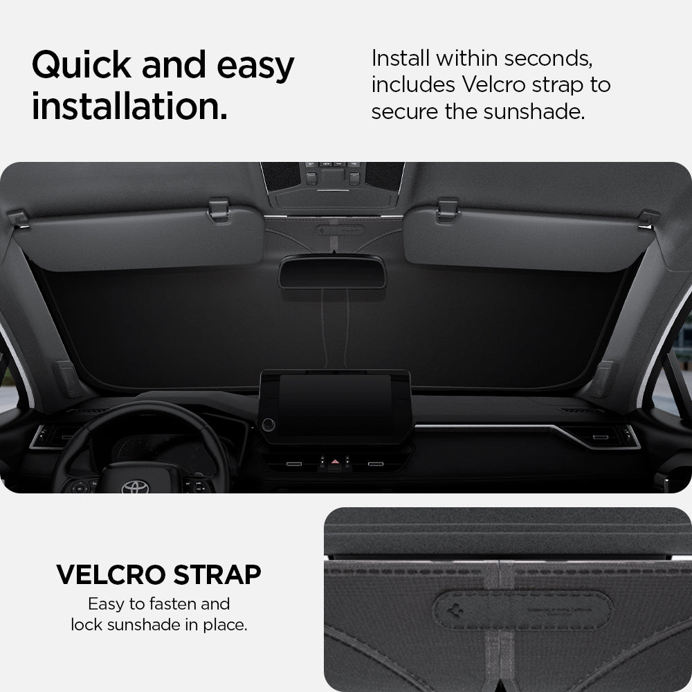 ACP09109 - RAV4 CryoShade TYO260 in Black showing the quick and easy installation. Install within seconds, includes Velcro strap to secure the sunshade and easy to fasten and lock sunshade in place