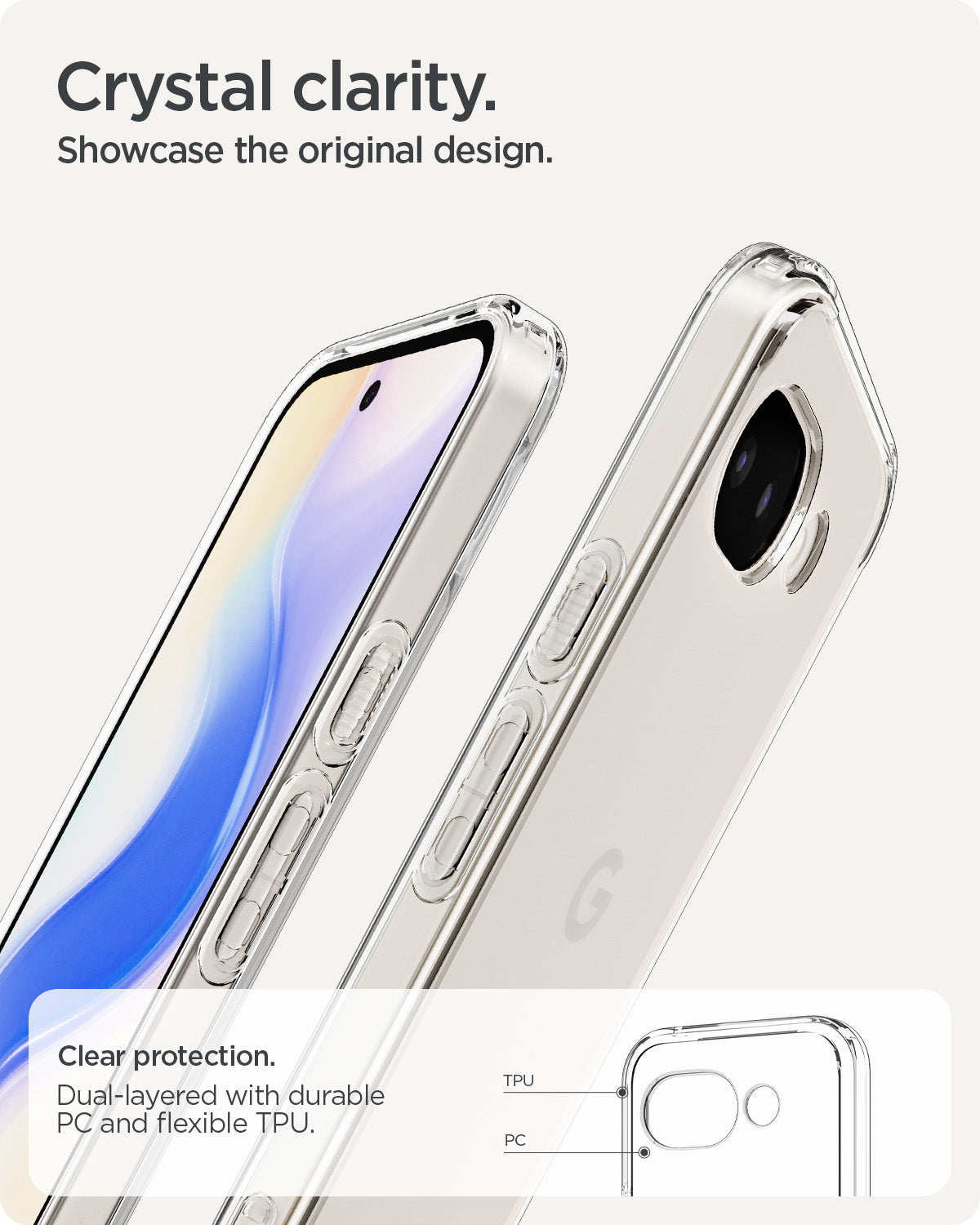 ACS11279 - Pixel 10a Ultra Hybrid in Crystal Clear showing crystal clarity. showcase the original design