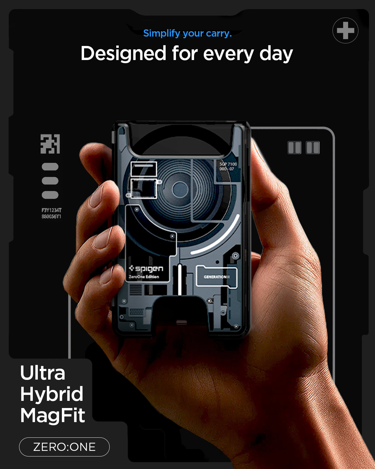 AFA11304 - Ultra Hybrid MagFit card wallet transparent black held in hand showcasing magnetic coil layout slim everyday carry design and ZERO ONE aesthetic