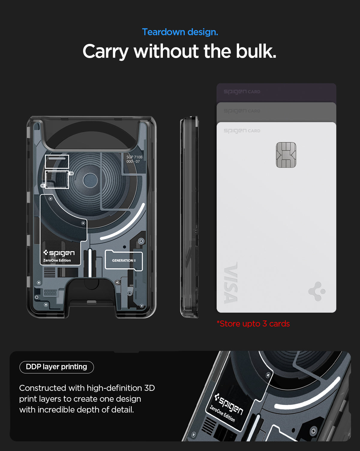 AFA11304 - Ultra Hybrid MagFit card wallet transparent black teardown layout showing slim profile layered internal design and capacity to store up to three cards