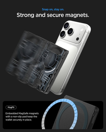 AFA11304 - Ultra Hybrid MagFit card wallet transparent black snapping onto phone with strong MagSafe magnets showing secure magnetic attachment and non slip pad keeping wallet firmly in place