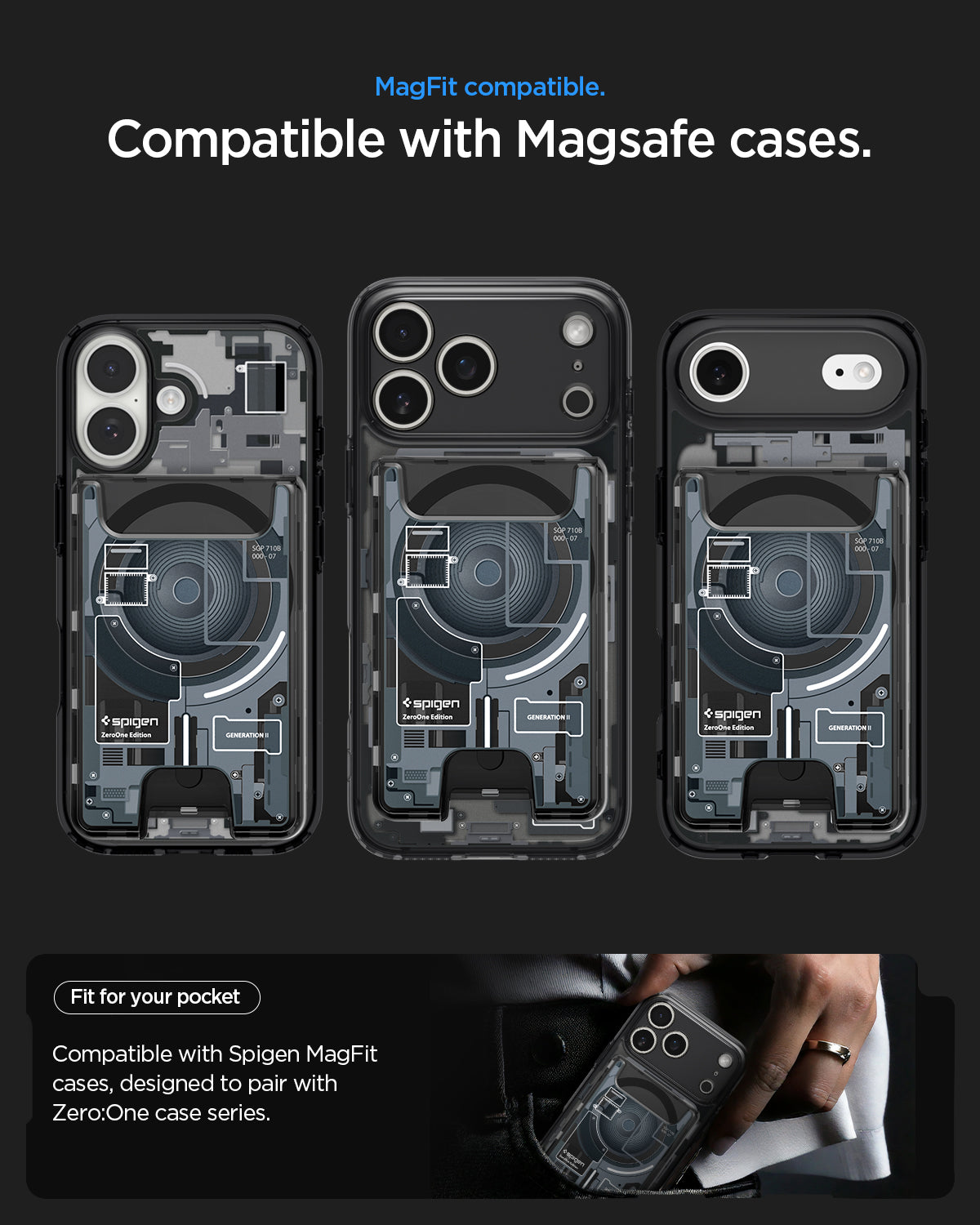 AFA11304 - Ultra Hybrid MagFit card wallet transparent black shown on multiple iPhone models highlighting MagSafe compatibility slim fit and pocket friendly everyday carry design