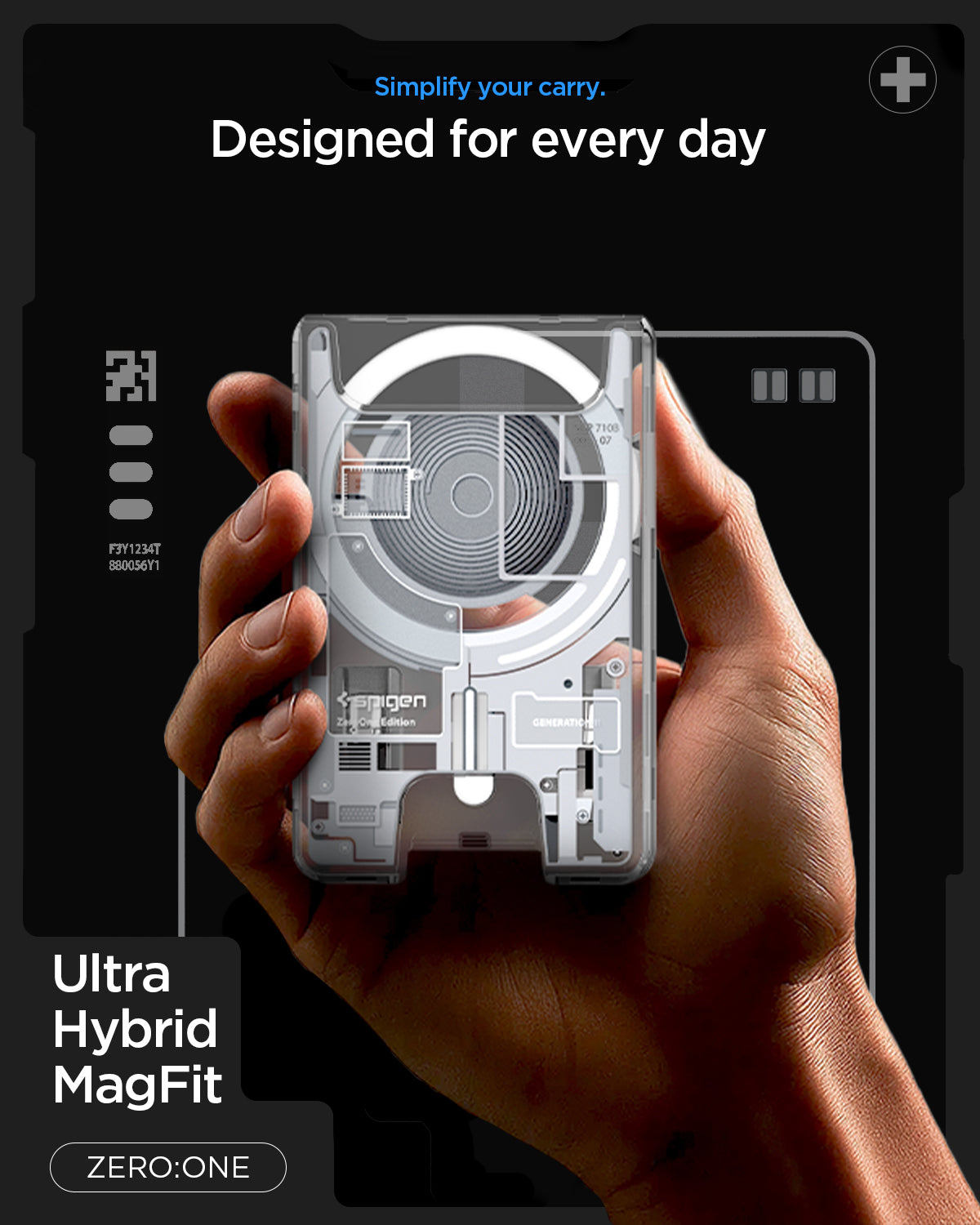 AFA11305 - Ultra Hybrid MagFit card wallet transparent white held in hand showcasing magnetic coil layout slim everyday carry design and ZERO ONE aesthetic