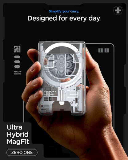 AFA11305 - Ultra Hybrid MagFit card wallet transparent white held in hand showcasing magnetic coil layout slim everyday carry design and ZERO ONE aesthetic
