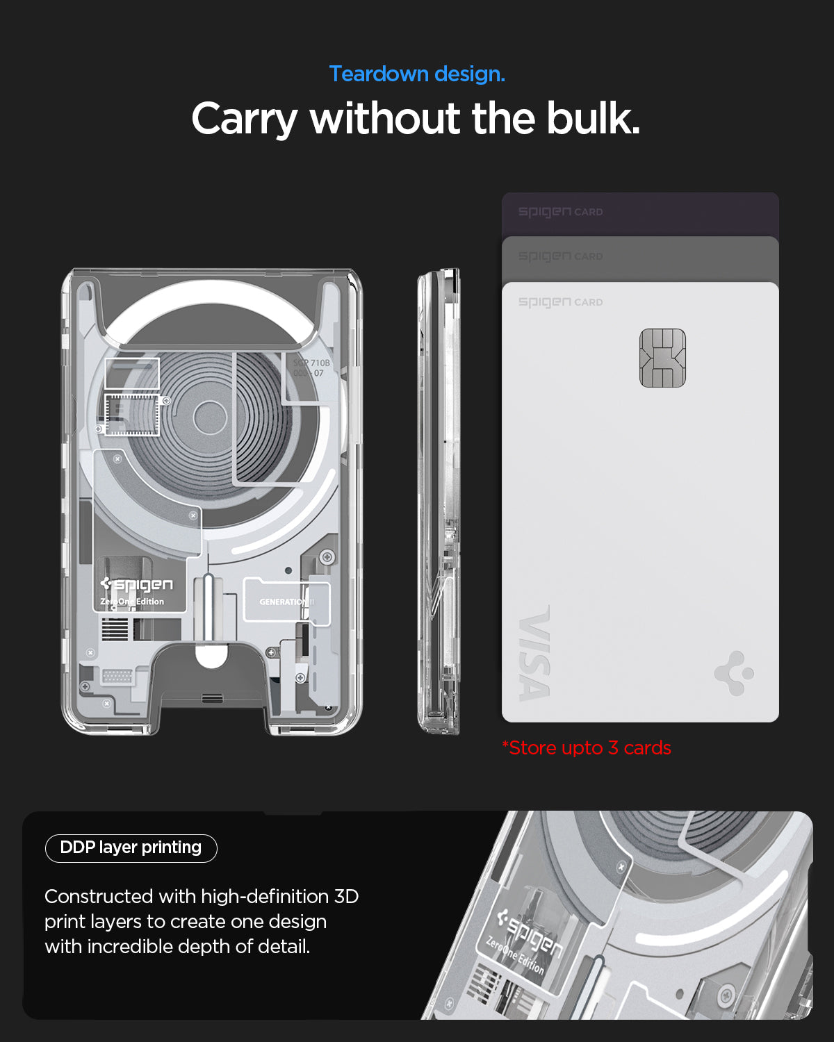 AFA11305 - Ultra Hybrid MagFit card wallet transparent white teardown layout showing slim profile layered internal design and capacity to store up to three cards