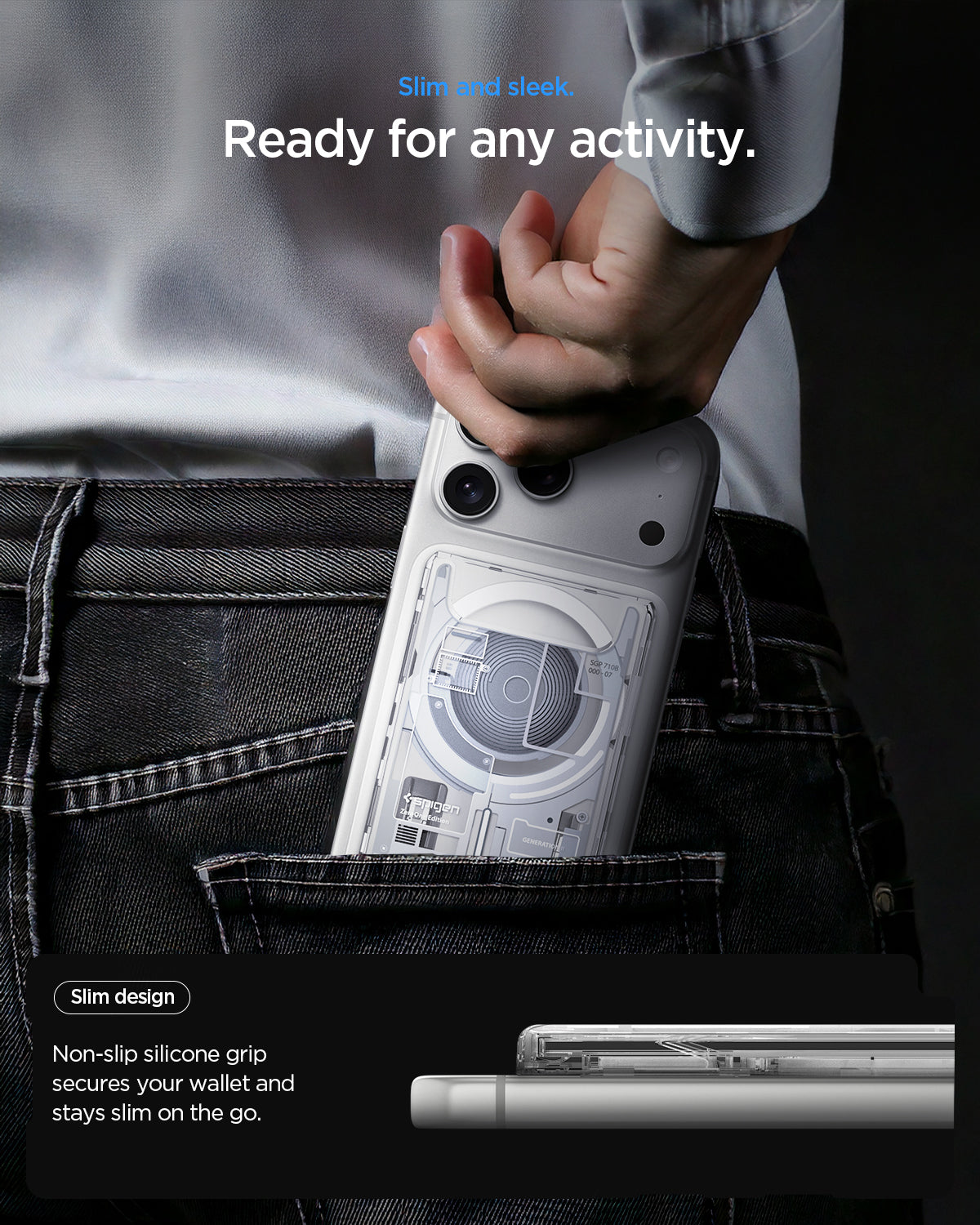 AFA11305 - Ultra Hybrid MagFit card wallet transparent white on phone sliding into back pocket showing slim profile non slip silicone grip and everyday carry readiness