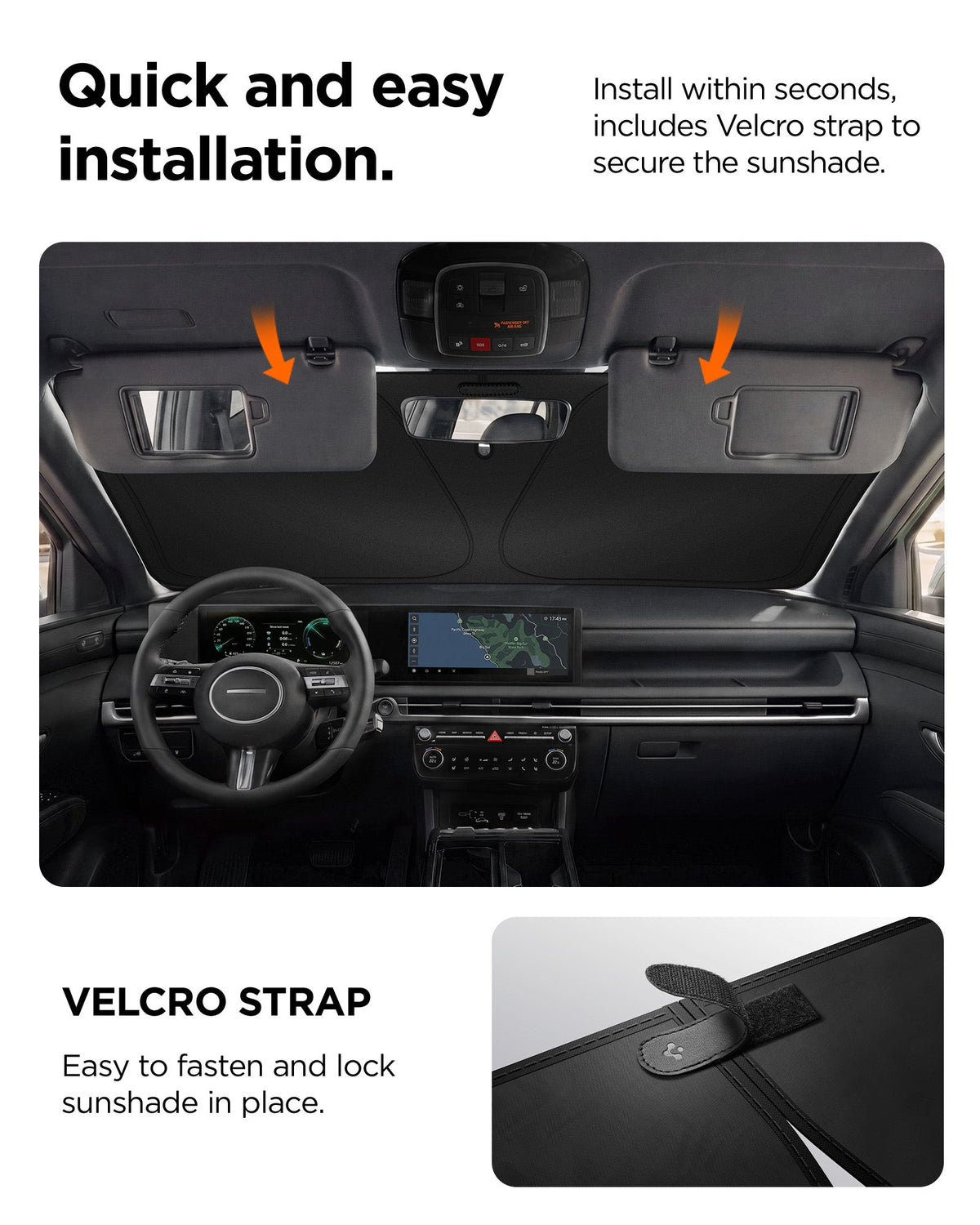 ACP11460 - Universal CryoShade UO260 M showing sunshade tucked behind sun visors inside car cabin with velcro strap detail and installation steps below