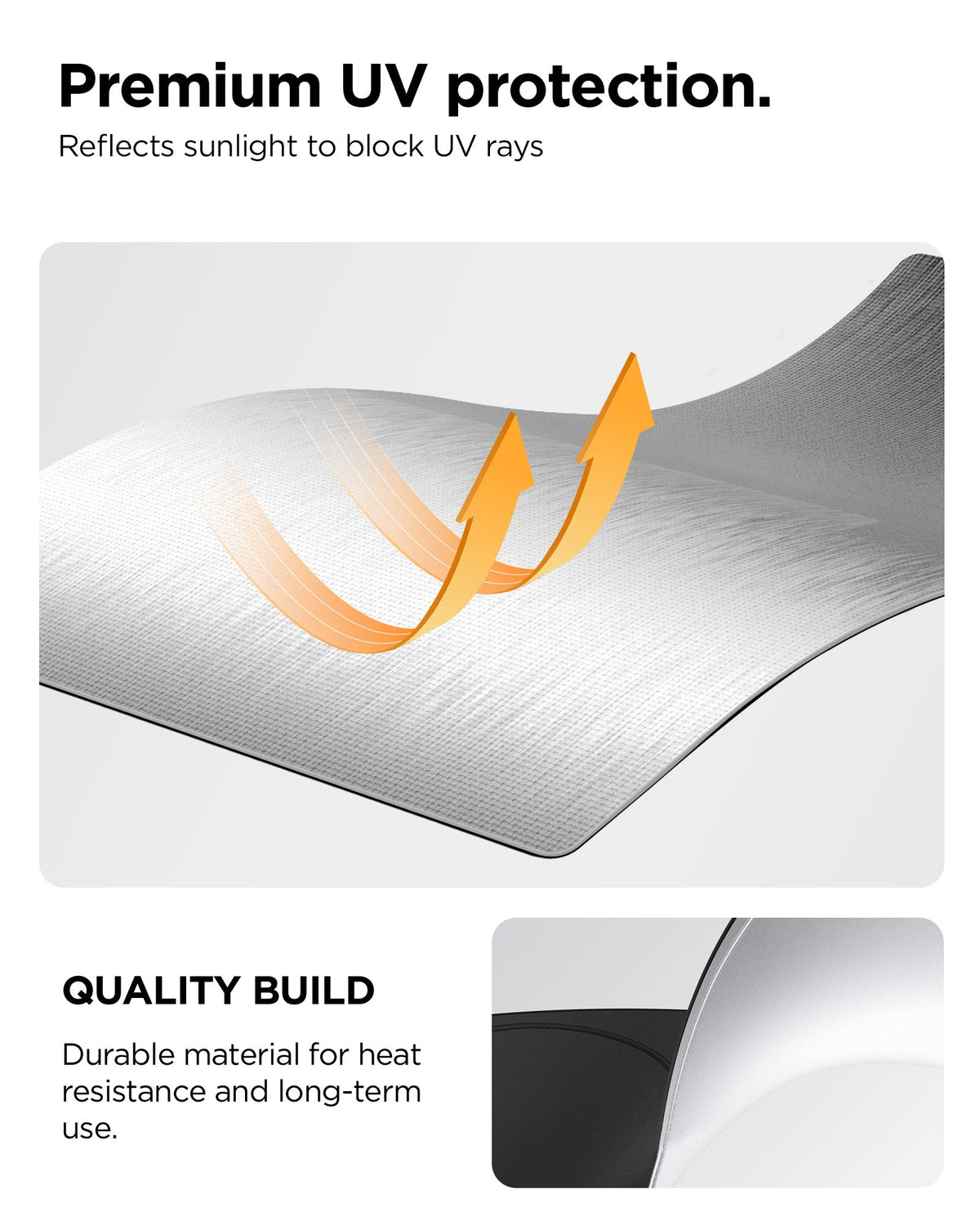 ACP11459 - Universal CryoShade UO260 S showing reflective material surface with heat-deflecting arrows and close-up of durable layered edge construction