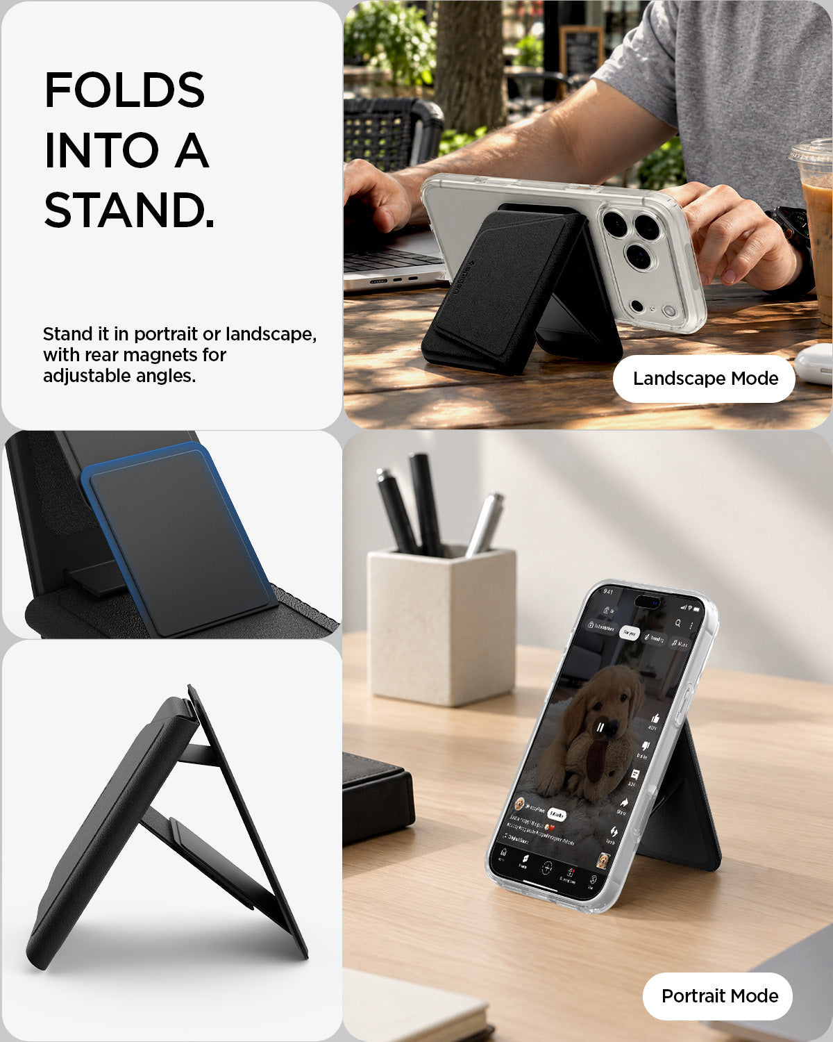 AFA11978 - MagSafe Card Holder Valentinus S-2 (Mag Fit) in Black showing the wallet folded into adjustable portrait and landscape phone stand configurations.