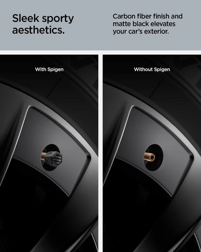 ACP09331 - Tesla Series Valve Stem Cover VS100 showing sleek sporty aesthetics. carbon fiber finish and matte black elevates your car's exterior