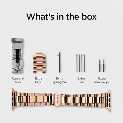 061MP25944 - Apple Watch Series 11/10 42mm, 9/8/7 41mm, SE3/SE2/SE/6/5/4 40mm, 3/2/1 38mm Modern Fit Rose Gold showing what's in the box. Removal tool. extra band, extra spring bar, extra pins, extra removal pin