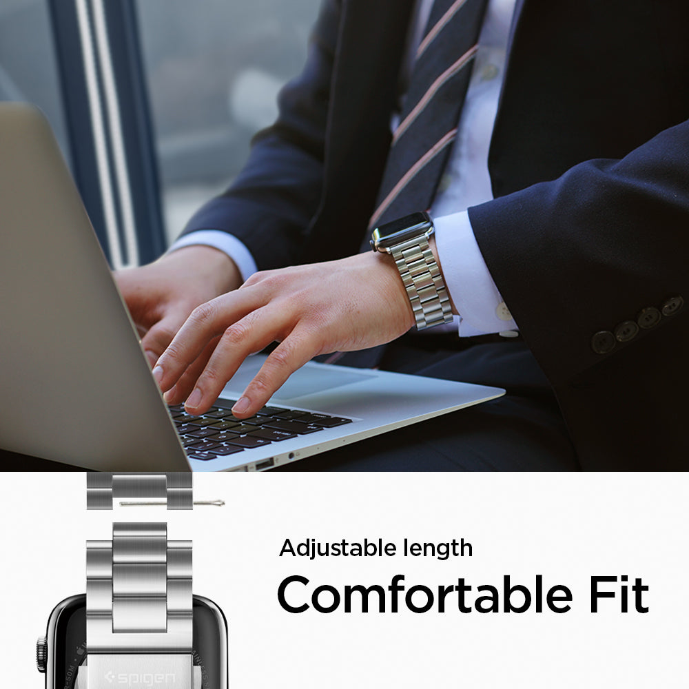 062MP25404 - Apple Watch Ultra 3/2/Ultra 49mm, Series 11/10 46mm, 9/8/7 45mm, SE3/SE2/SE/6/5/4 44mm, 3/2/1 42mm Modern Fit Silver showing adjustable length. comfortable fit.