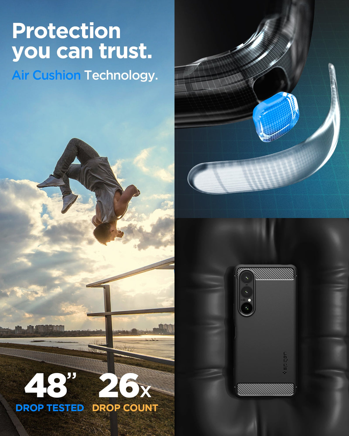 ACS09592 - Xperia 10 VII Rugged Armor in Black showing the protection you can trust. Air cushion technology.