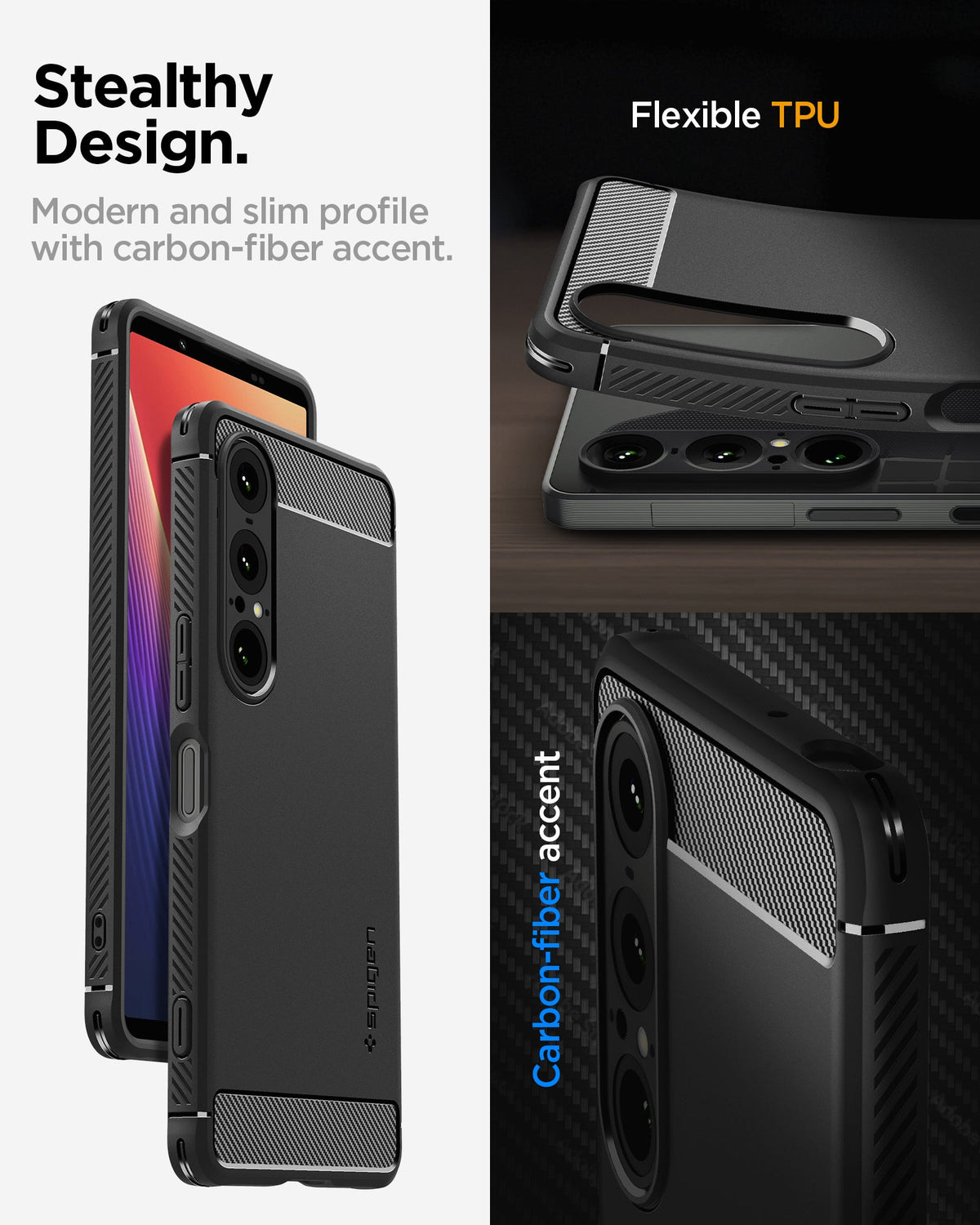 ACS09592 - Xperia 10 VII Rugged Armor in Black showing the Stealthy design. Modern and slim profile with carbon fiber accent. Flexible TPU. Carbon fiber accent.