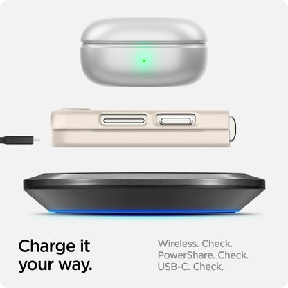 ACS06231 - Galaxy Z Flip 5 Case AirSkin in pearled ivory showing the charge it your way. Wireless, PowerShare and USB-C all check