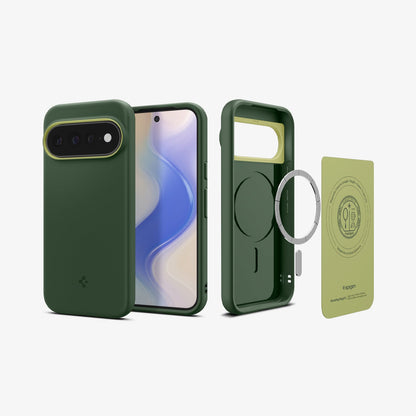 ACS11456 - Pixel 11 Pro XL Nano Pop (Mag Fit) Avo Green front, back, and exploded views showing the magnetic construction and internal components of the case.