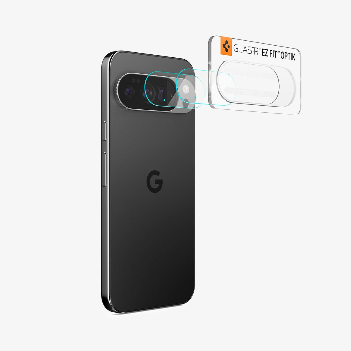 AGL09661 - Pixel 10 Optik EZ Fit Lens Protector showing the installation tray with lens attached to the device